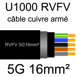 câble électrique armé renforcé âme cuivre U1000 RVFV 5 conducteurs section 16mm²