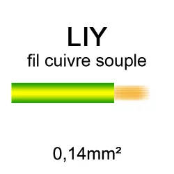fil de câblage en cuivre souple série LIY section 0.14mm² vert et jaune